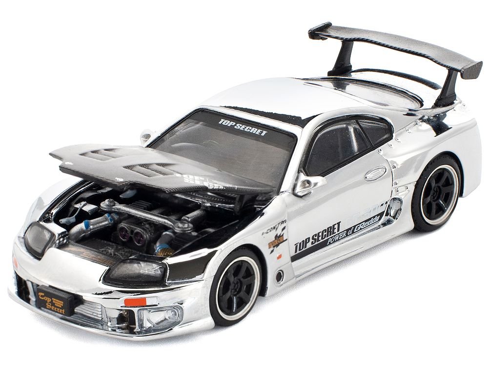 Toyota Supra "Top Secret" GT300 RHD (Right Hand Drive) Silver Chrome 1/64 Diecast Model Car by Pop Race view 2