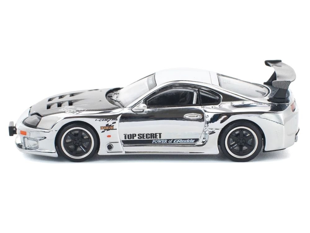 Toyota Supra "Top Secret" GT300 RHD (Right Hand Drive) Silver Chrome 1/64 Diecast Model Car by Pop Race view 3