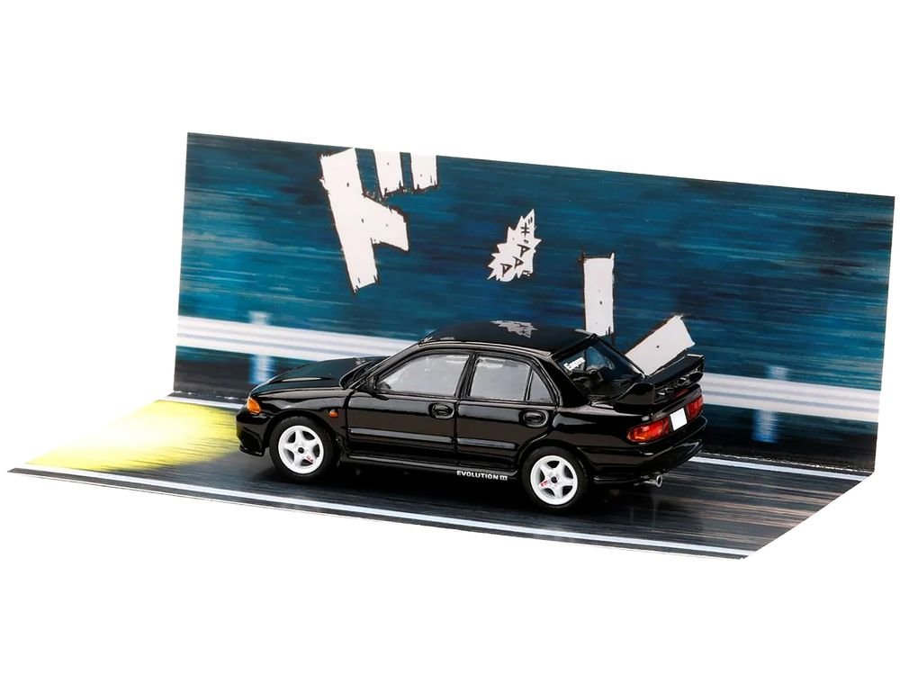 Mitsubishi Lancer RS Evolution III RHD (Right Hand Drive) Black "Initial D" (1995-2013) Manga "Diorama Set Series" 1/64 Diecast Model car by Hobby Japan view 4