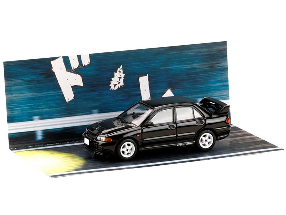 Mitsubishi Lancer RS Evolution III RHD (Right Hand Drive) Black "Initial D" (1995-2013) Manga "Diorama Set Series" 1/64 Diecast Model car by Hobby Japan view 5