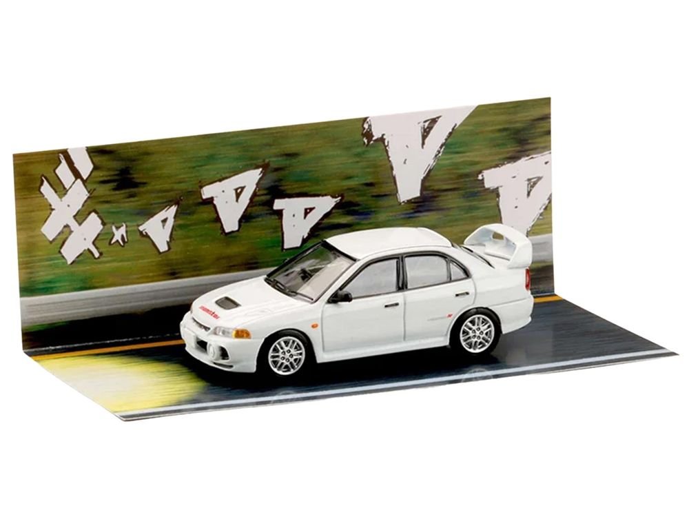 Mitsubishi Lancer RS Evolution IV RHD (Right Hand Drive) "MonStar" White "Initial D" (1995-2013) Manga "Diorama Set Series" 1/64 Diecast Model car by Hobby Japan view 4