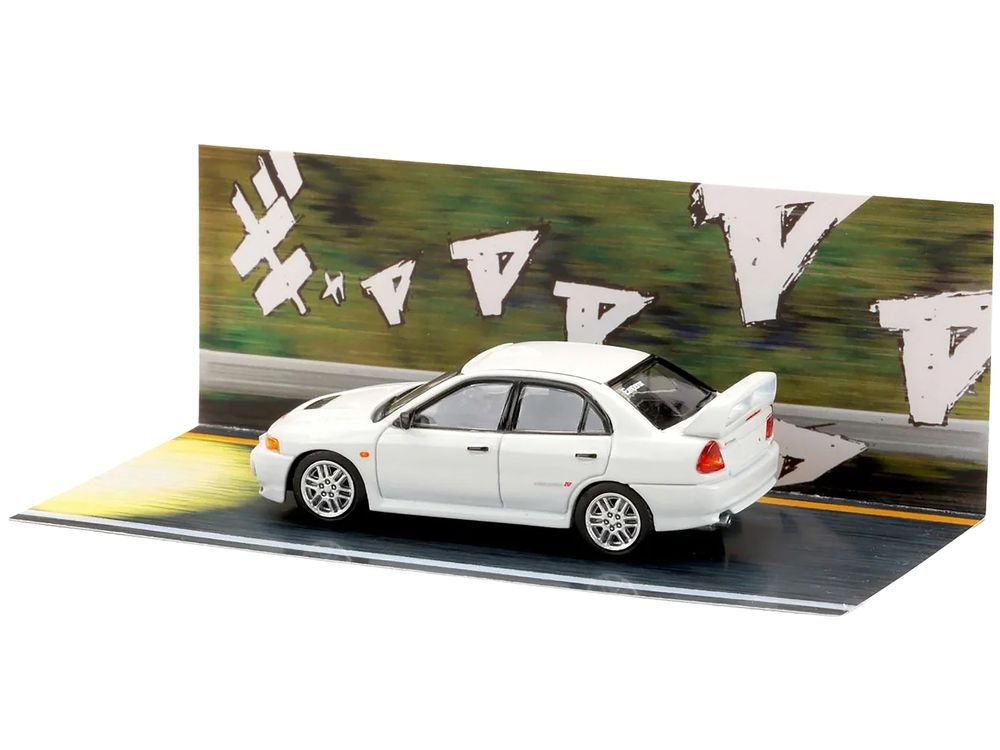 Mitsubishi Lancer RS Evolution IV RHD (Right Hand Drive) "MonStar" White "Initial D" (1995-2013) Manga "Diorama Set Series" 1/64 Diecast Model car by Hobby Japan view 5