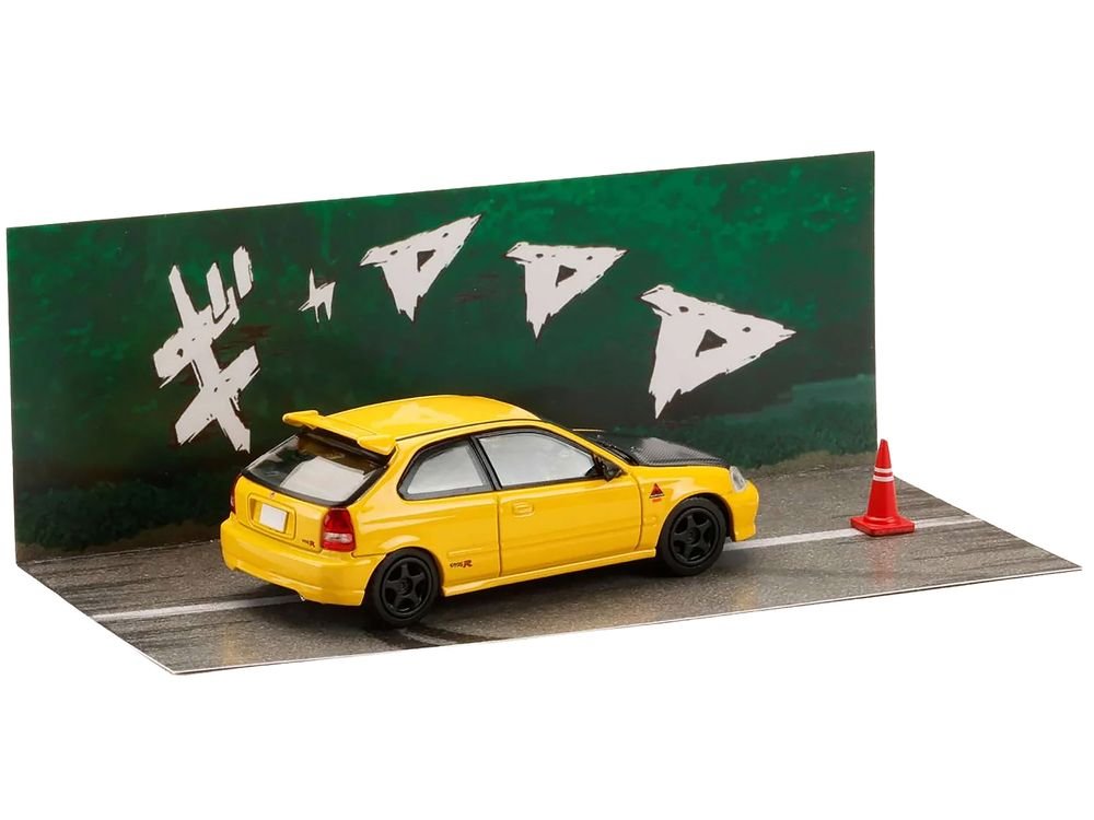 Honda Civic (EK9) RHD (Right Hand Drive) Yellow with Carbon Hood "Initial D" (1995-2013) Manga "Diorama Set Series" 1/64 Diecast Model car by Hobby Japan view 4
