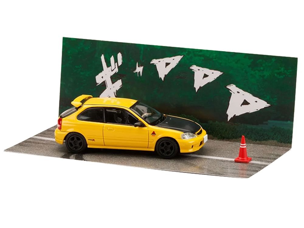 Honda Civic (EK9) RHD (Right Hand Drive) Yellow with Carbon Hood "Initial D" (1995-2013) Manga "Diorama Set Series" 1/64 Diecast Model car by Hobby Japan view 5