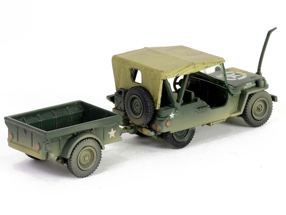 Willys MB Jeep with Trailer Olive Drab (Weathered) with Driver Figure "United States Army" "Mini AFV" Series 1/64 Diecast Model by Forces of Valor view 4