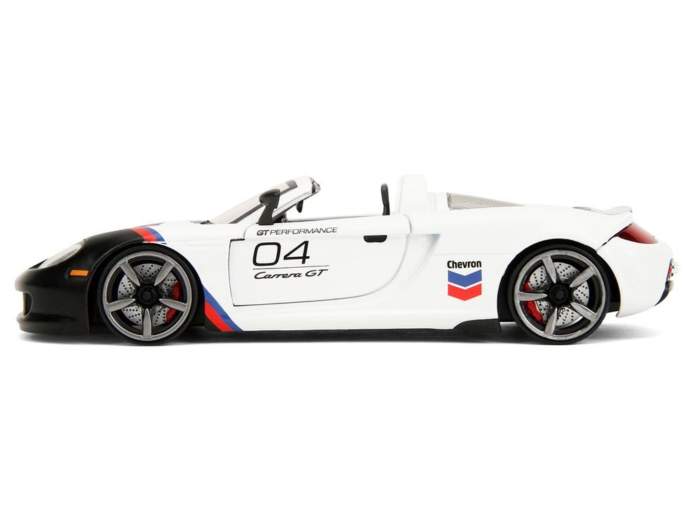 Porsche Carrera GT Convertible #04 "Chevron" White with Graphics "Hyper-Spec" Series 1/24 Diecast Model Car by Jada view 3