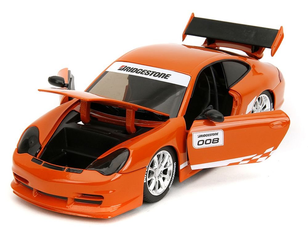 Porsche 911 GT3 RS (996) #008 "Bridgestone" Orange Metallic with White Graphics "Hyper-Spec" Series 1/24 Diecast Model Car by Jada view 2