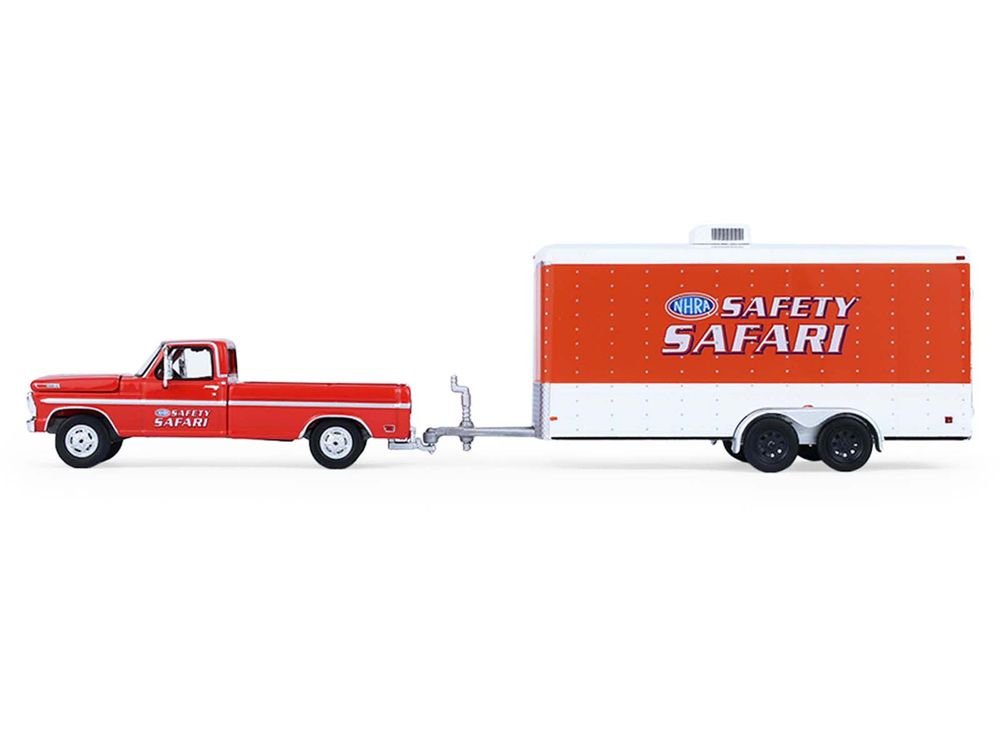 1969 Ford F-250 Pickup Truck Red and 1969 Chevrolet Camaro Z28 "Dan Fletcher" Orange with White Hood "NHRA Safety Team" with Enclosed Car Trailer "Racing Hitch & Tow" Series 6 1/64 Diecast Model Cars by Greenlight view 2