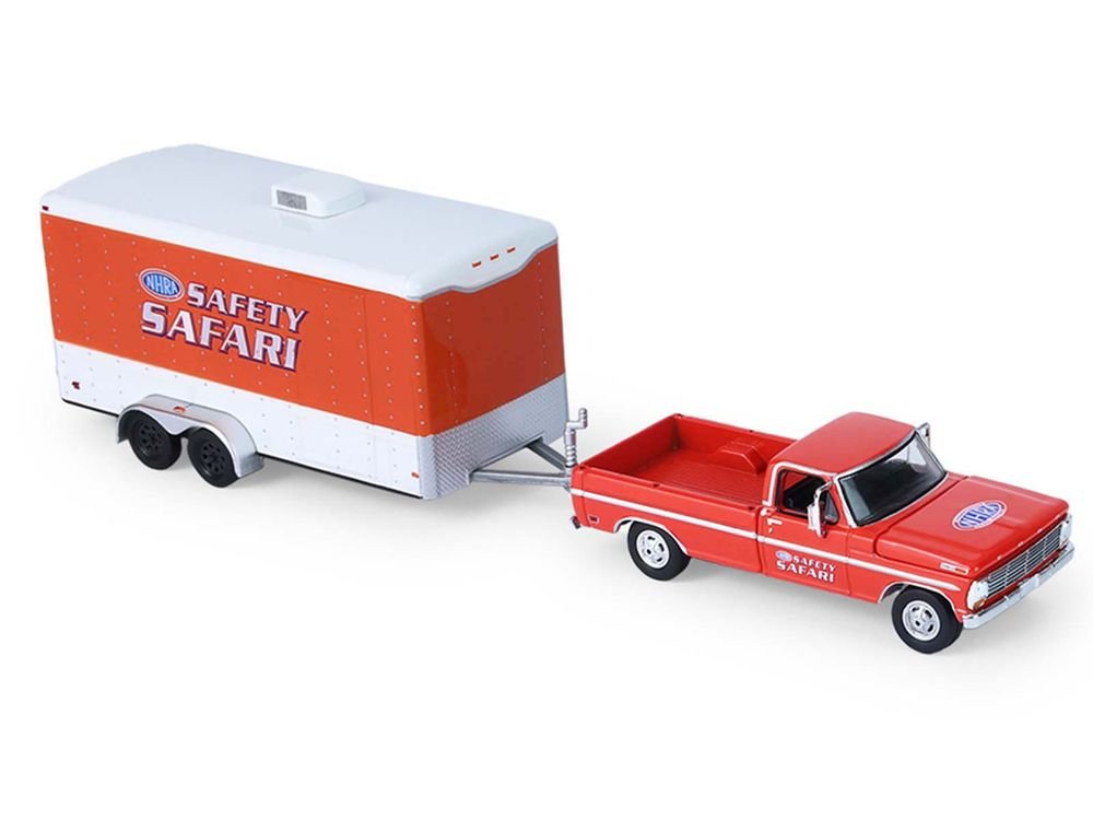 1969 Ford F-250 Pickup Truck Red and 1969 Chevrolet Camaro Z28 "Dan Fletcher" Orange with White Hood "NHRA Safety Team" with Enclosed Car Trailer "Racing Hitch & Tow" Series 6 1/64 Diecast Model Cars by Greenlight view 3