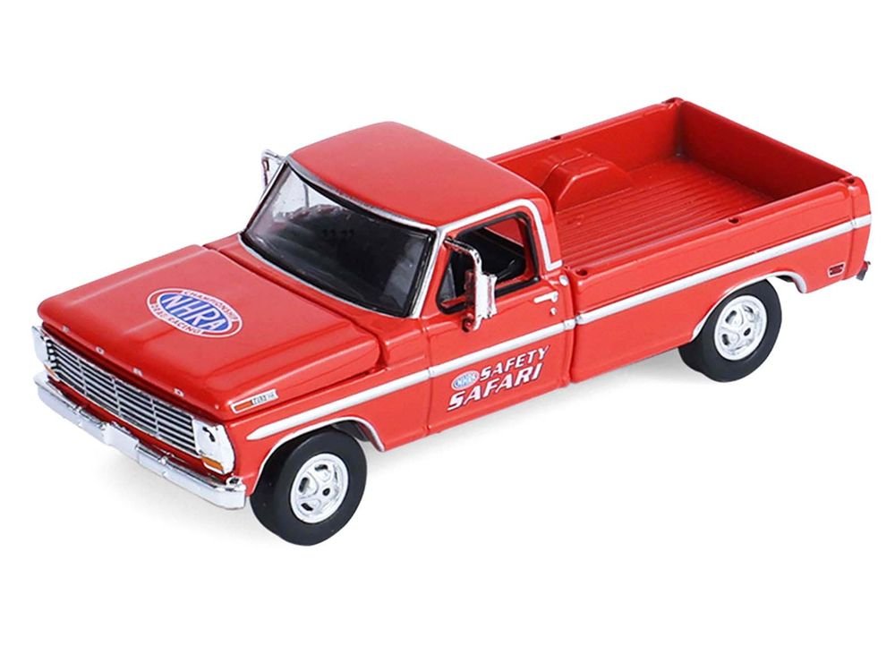 1969 Ford F-250 Pickup Truck Red and 1969 Chevrolet Camaro Z28 "Dan Fletcher" Orange with White Hood "NHRA Safety Team" with Enclosed Car Trailer "Racing Hitch & Tow" Series 6 1/64 Diecast Model Cars by Greenlight view 4