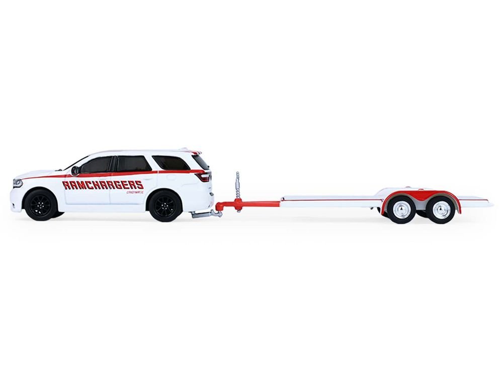 2018 Dodge Durango White with Red Stripes and 2021 Dodge Challenger SRT White with Red Stripes "Ramchargers" with Flatbed Trailer "Racing Hitch & Tow" Series 6 1/64 Diecast Model Cars by Greenlight view 2