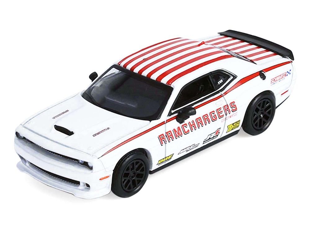 2018 Dodge Durango White with Red Stripes and 2021 Dodge Challenger SRT White with Red Stripes "Ramchargers" with Flatbed Trailer "Racing Hitch & Tow" Series 6 1/64 Diecast Model Cars by Greenlight view 4