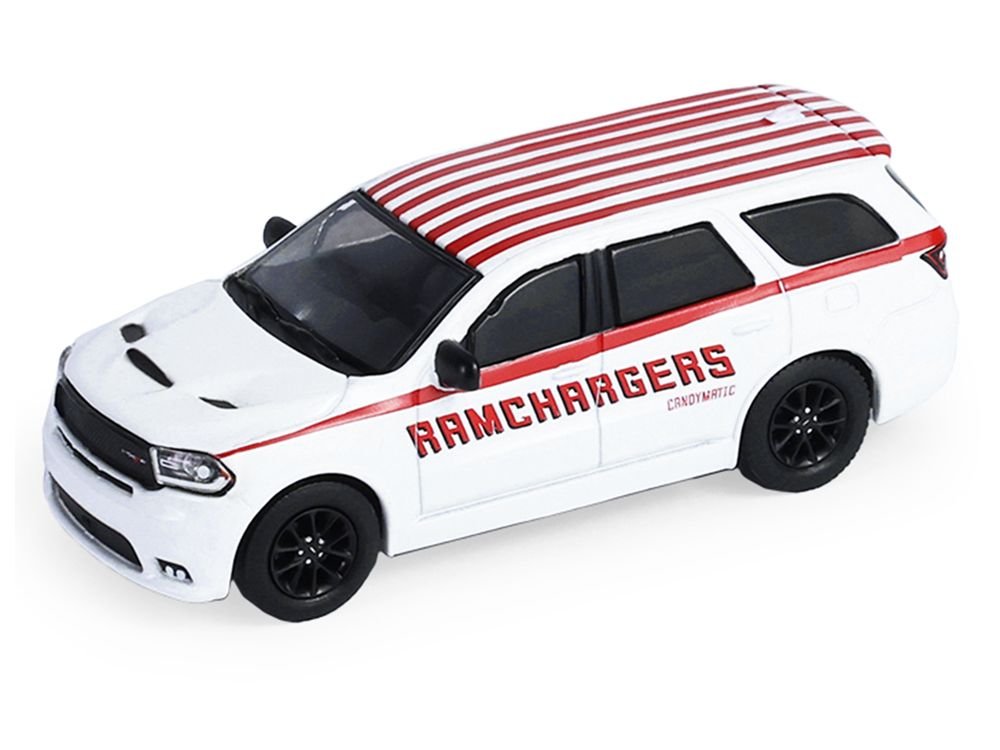 2018 Dodge Durango White with Red Stripes and 2021 Dodge Challenger SRT White with Red Stripes "Ramchargers" with Flatbed Trailer "Racing Hitch & Tow" Series 6 1/64 Diecast Model Cars by Greenlight view 5