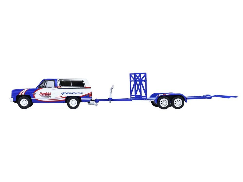1986 Chevrolet K5 Blazer Blue and White and 1969 Chevrolet Camaro #5 Blue and White "Kyle Larson - Hendrick Motorsports" with Tandem Car Trailer "Racing Hitch & Tow" Series 6 1/64 Diecast Model Cars by Greenlight view 2