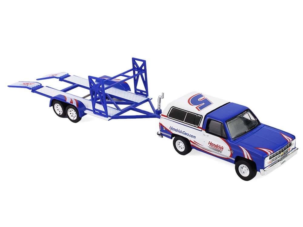 1986 Chevrolet K5 Blazer Blue and White and 1969 Chevrolet Camaro #5 Blue and White "Kyle Larson - Hendrick Motorsports" with Tandem Car Trailer "Racing Hitch & Tow" Series 6 1/64 Diecast Model Cars by Greenlight view 3