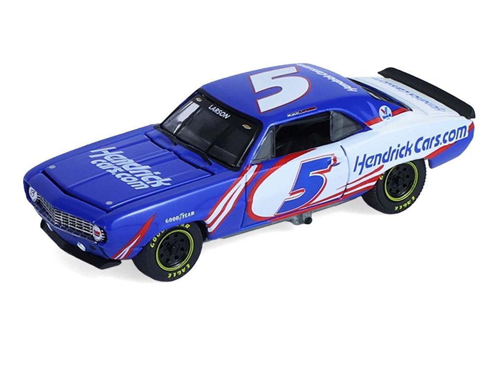 1986 Chevrolet K5 Blazer Blue and White and 1969 Chevrolet Camaro #5 Blue and White "Kyle Larson - Hendrick Motorsports" with Tandem Car Trailer "Racing Hitch & Tow" Series 6 1/64 Diecast Model Cars by Greenlight view 4