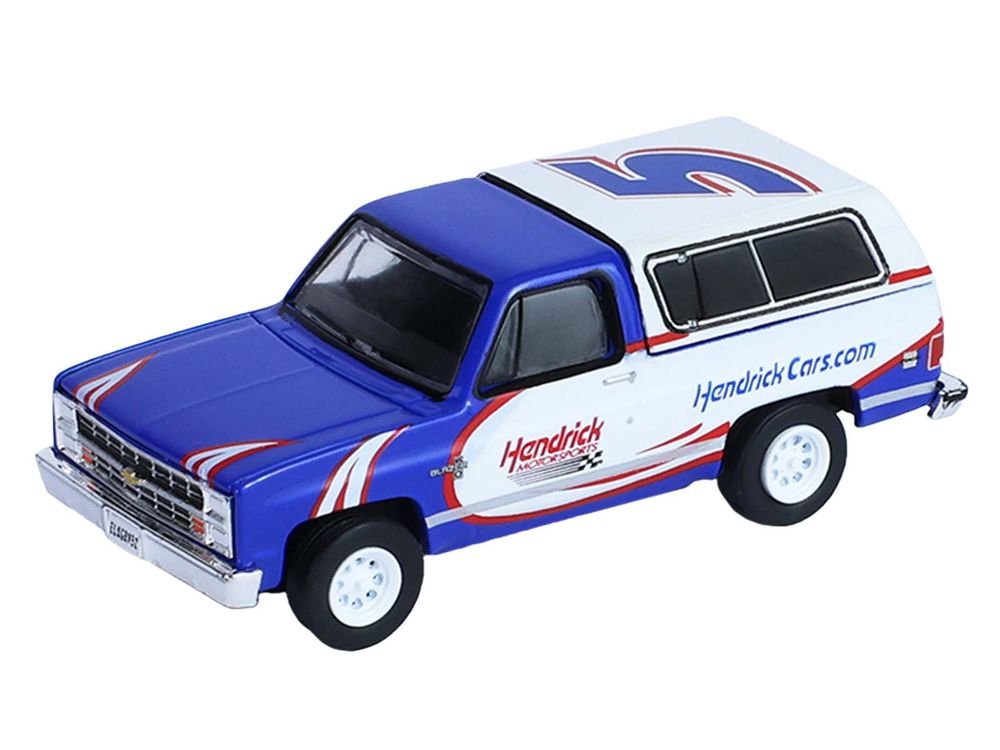 1986 Chevrolet K5 Blazer Blue and White and 1969 Chevrolet Camaro #5 Blue and White "Kyle Larson - Hendrick Motorsports" with Tandem Car Trailer "Racing Hitch & Tow" Series 6 1/64 Diecast Model Cars by Greenlight view 5
