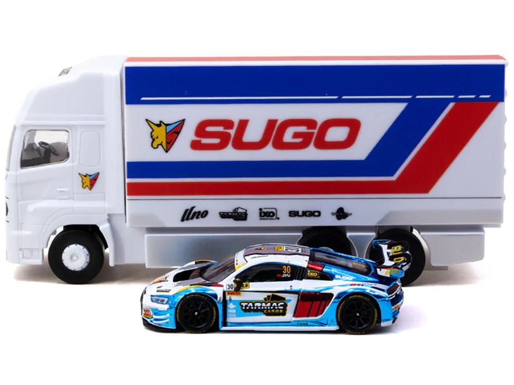 Audi R8 LMS GT3 evo II #30 James Yu "Uno Racing Team" "Macau GT Cup - FIA GT World Cup" (2024) with Plastic Transporter Packaging and Collectible Tarmac Cards "Hobby64" Series 1/64 Diecast Model Car by Tarmac Works view 3