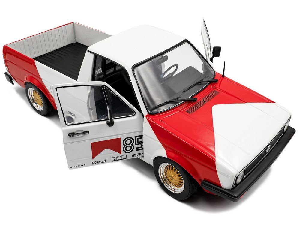 1983 Volkswagen Caddy MK 1 Pickup Truck "Red Cowboy Racing Tribute" White and Red 1/18 Diecast Model Car by Solido view 2