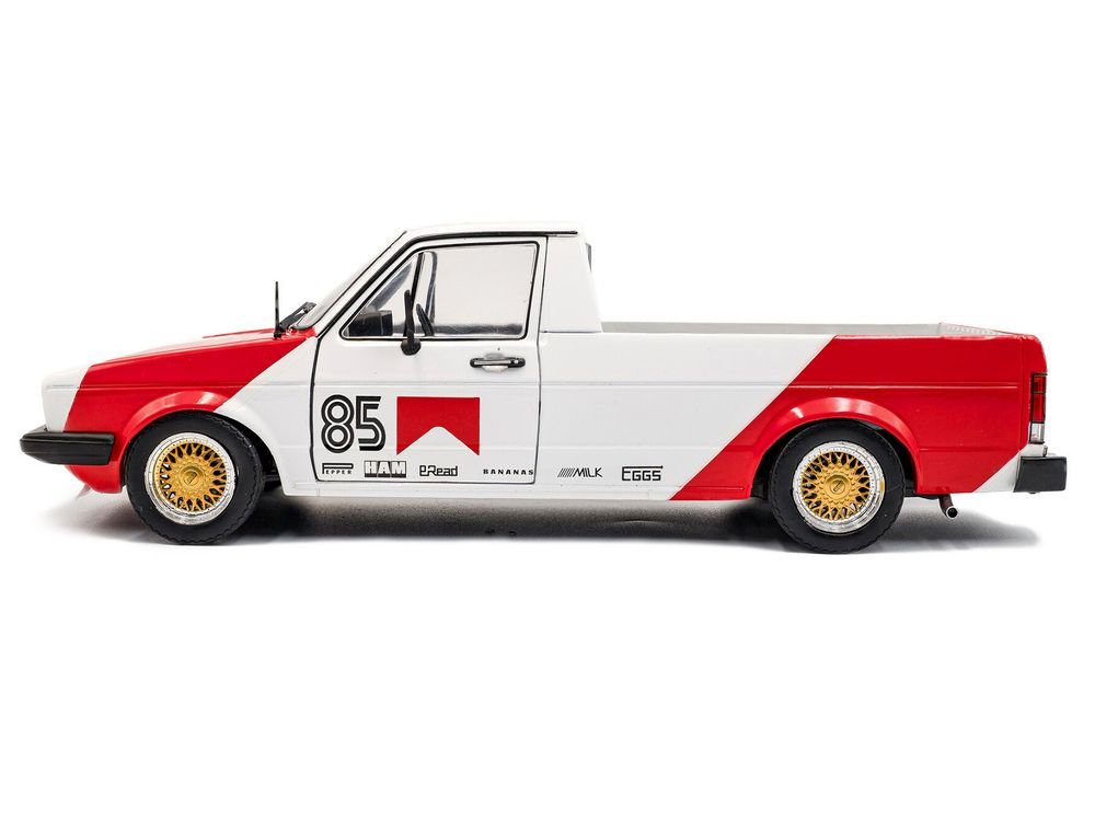 1983 Volkswagen Caddy MK 1 Pickup Truck "Red Cowboy Racing Tribute" White and Red 1/18 Diecast Model Car by Solido view 3