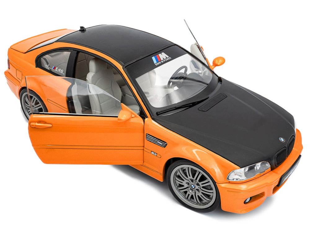 2000 BMW E46 M3 "Solido Works" Orange Metallic with Matt Black Hood and Carbon Top 1/18 Diecast Model Car by Solido view 2