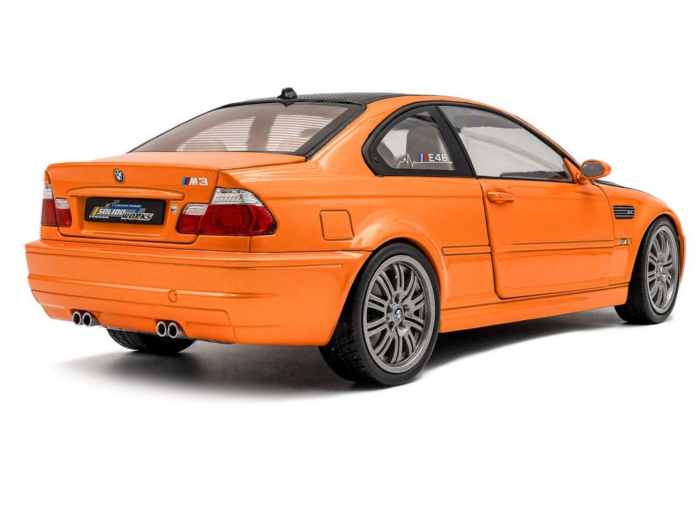 2000 BMW E46 M3 "Solido Works" Orange Metallic with Matt Black Hood and Carbon Top 1/18 Diecast Model Car by Solido view 4