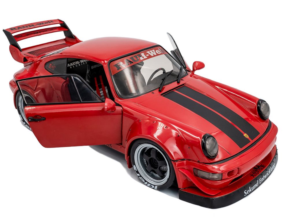 2024 RWB Bodykit "Taikano Kaishin" Red with Black Stripes 1/18 Diecast Model Car by Solido view 2