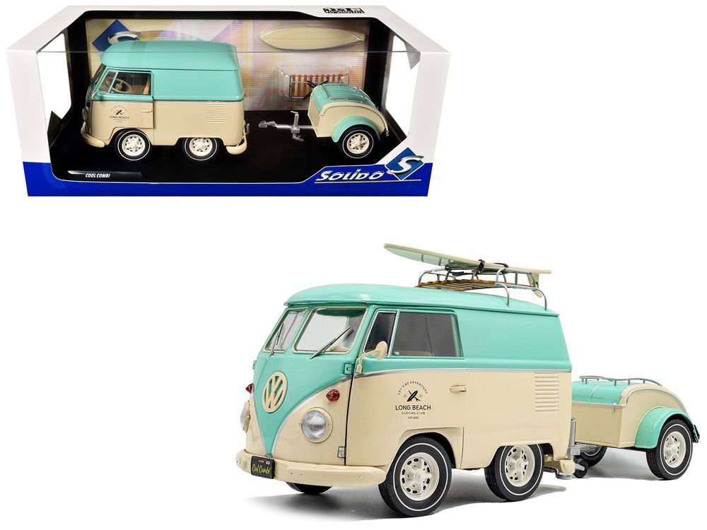 2024 Volkswagen Cool Combi Van with Trailer "Long Beach Surfing Club" Mint Green and Cream with Roof Rack and Surfboard 1/18 Diecast Model Car by Solido