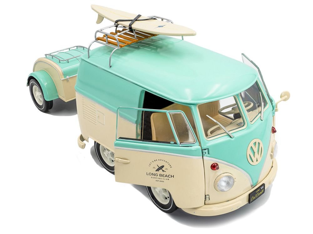 2024 Volkswagen Cool Combi Van with Trailer "Long Beach Surfing Club" Mint Green and Cream with Roof Rack and Surfboard 1/18 Diecast Model Car by Solido view 2