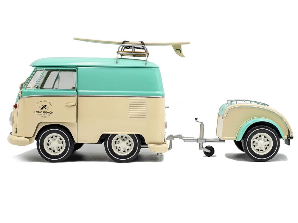2024 Volkswagen Cool Combi Van with Trailer "Long Beach Surfing Club" Mint Green and Cream with Roof Rack and Surfboard 1/18 Diecast Model Car by Solido view 3