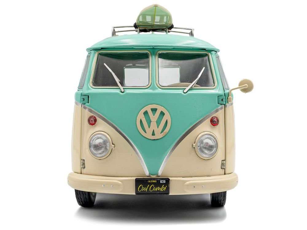 2024 Volkswagen Cool Combi Van with Trailer "Long Beach Surfing Club" Mint Green and Cream with Roof Rack and Surfboard 1/18 Diecast Model Car by Solido view 5