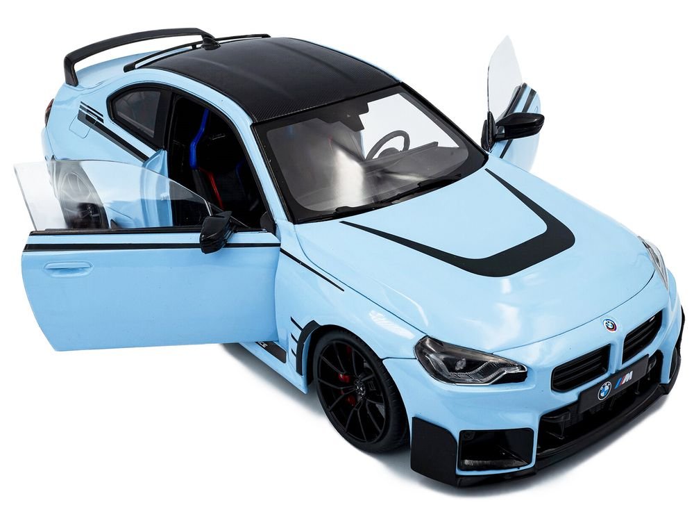 2024 BMW M2 Performance Parts Zandvoort Blue with Carbon Top and Black Stripes 1/18 Diecast Model Car by Solido view 2