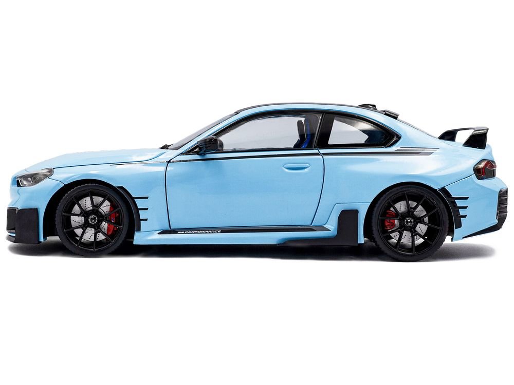 2024 BMW M2 Performance Parts Zandvoort Blue with Carbon Top and Black Stripes 1/18 Diecast Model Car by Solido view 3