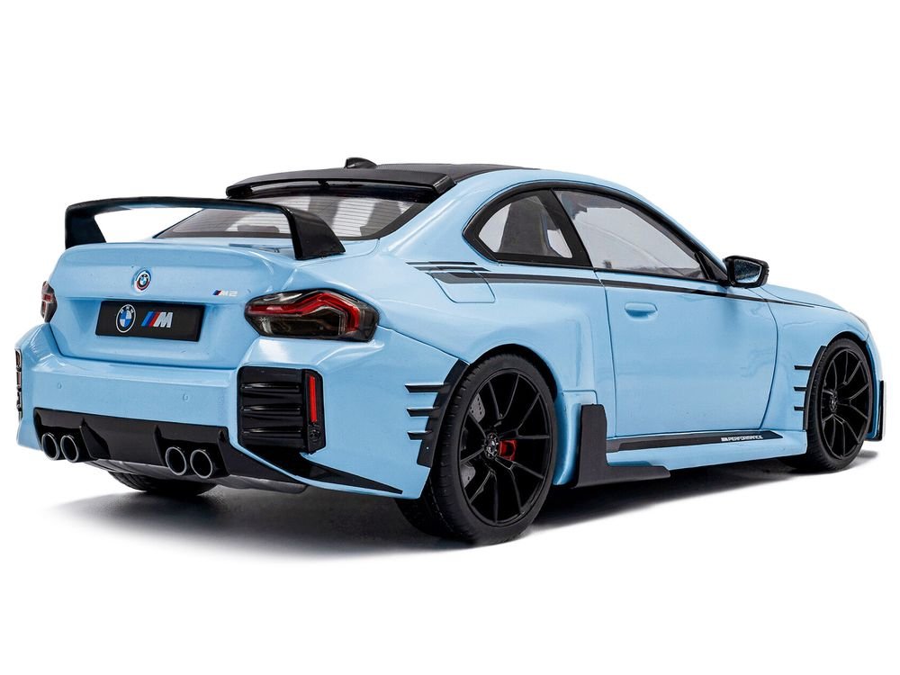2024 BMW M2 Performance Parts Zandvoort Blue with Carbon Top and Black Stripes 1/18 Diecast Model Car by Solido view 4