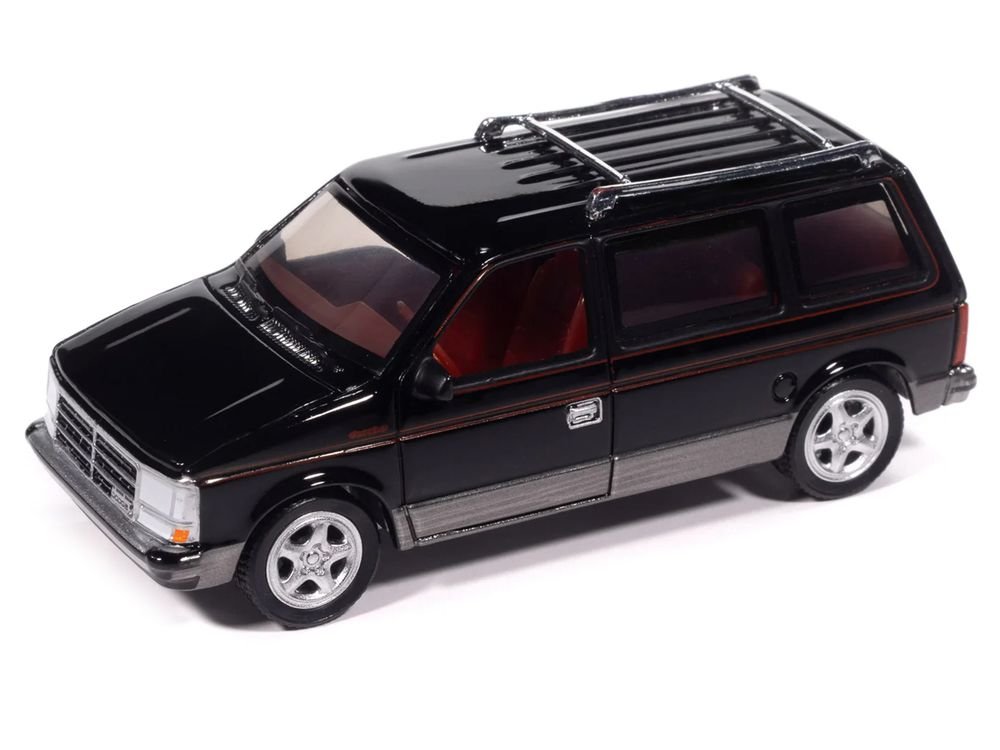1989 Dodge Caravan Turbo Van Black with Red Stripes and Interior "Mighty Minivans" Series 1/64 Diecast Model Car by Auto World view 2