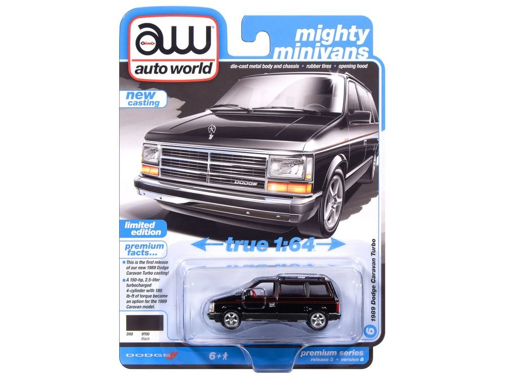 1989 Dodge Caravan Turbo Van Black with Red Stripes and Interior "Mighty Minivans" Series 1/64 Diecast Model Car by Auto World view 3