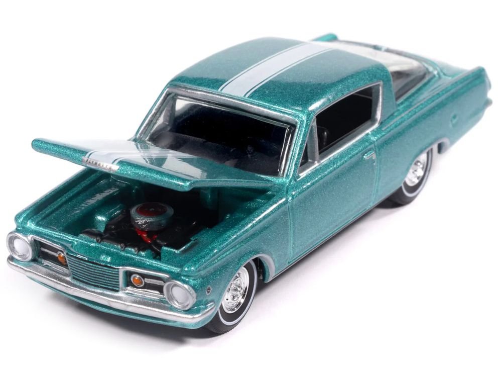 1965 Plymouth Barracuda Formula S Turquoise Metallic with White Stripe "Vintage Muscle" Series 1/64 Diecast Model Car by Auto World view 3