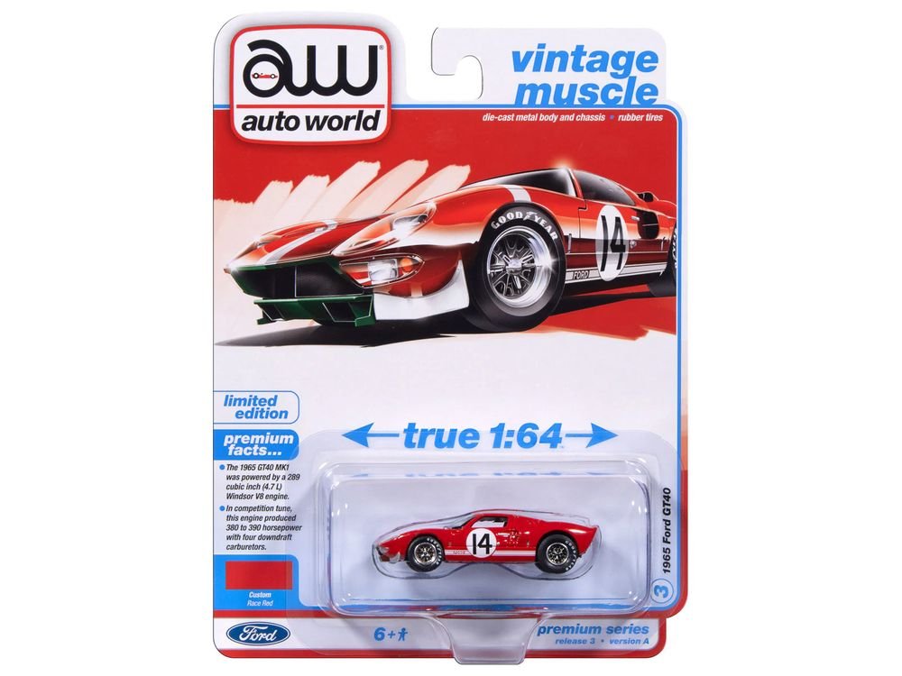 1965 Ford GT40 #14 Red with White Stripes "Vintage Muscle" Series 1/64 Diecast Model Car by Auto World view 3