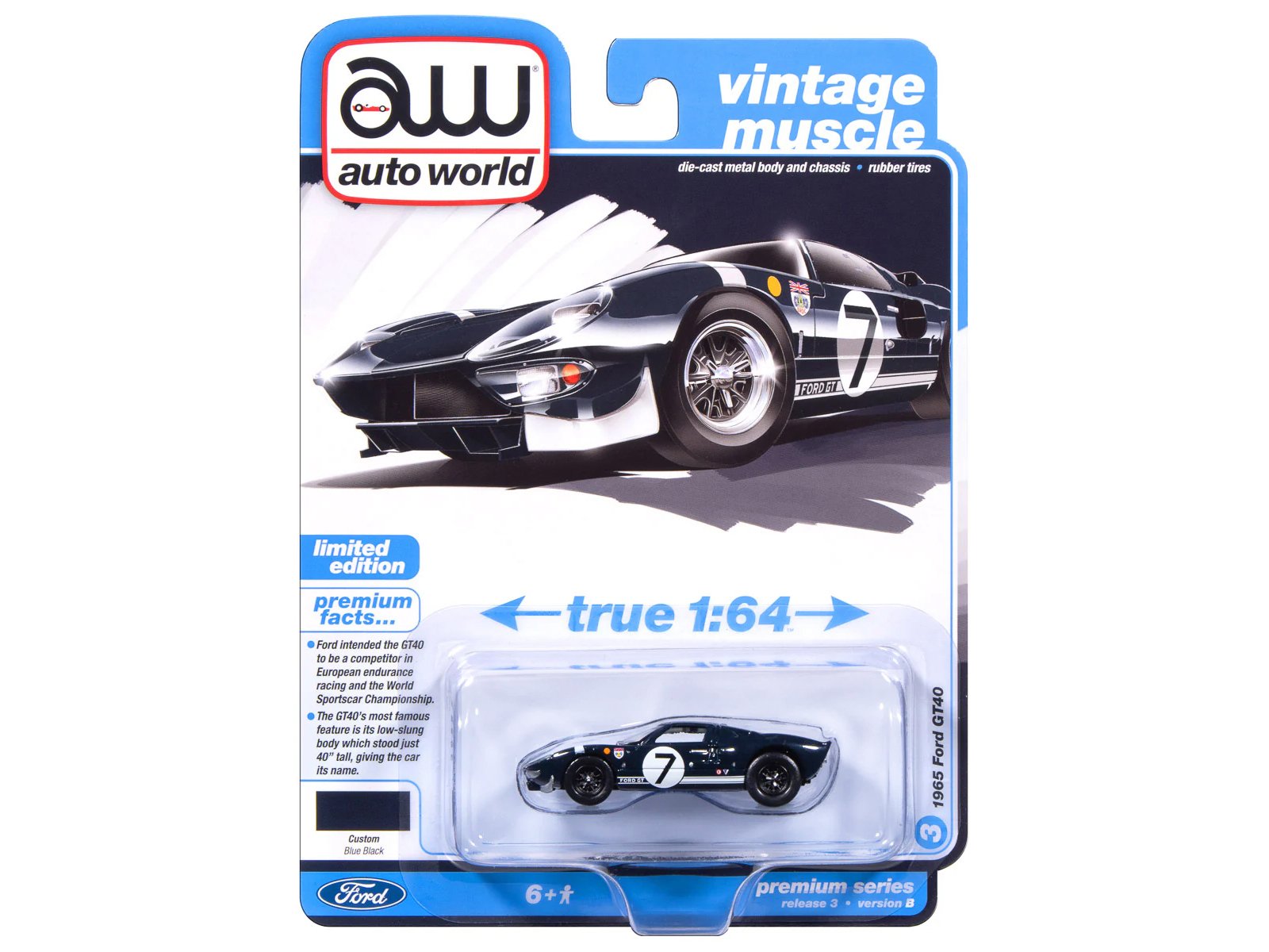 1965 Ford GT40 #7 Blue Black with White Stripes "Vintage Muscle" Series 1/64 Diecast Model Car by Auto World view 3