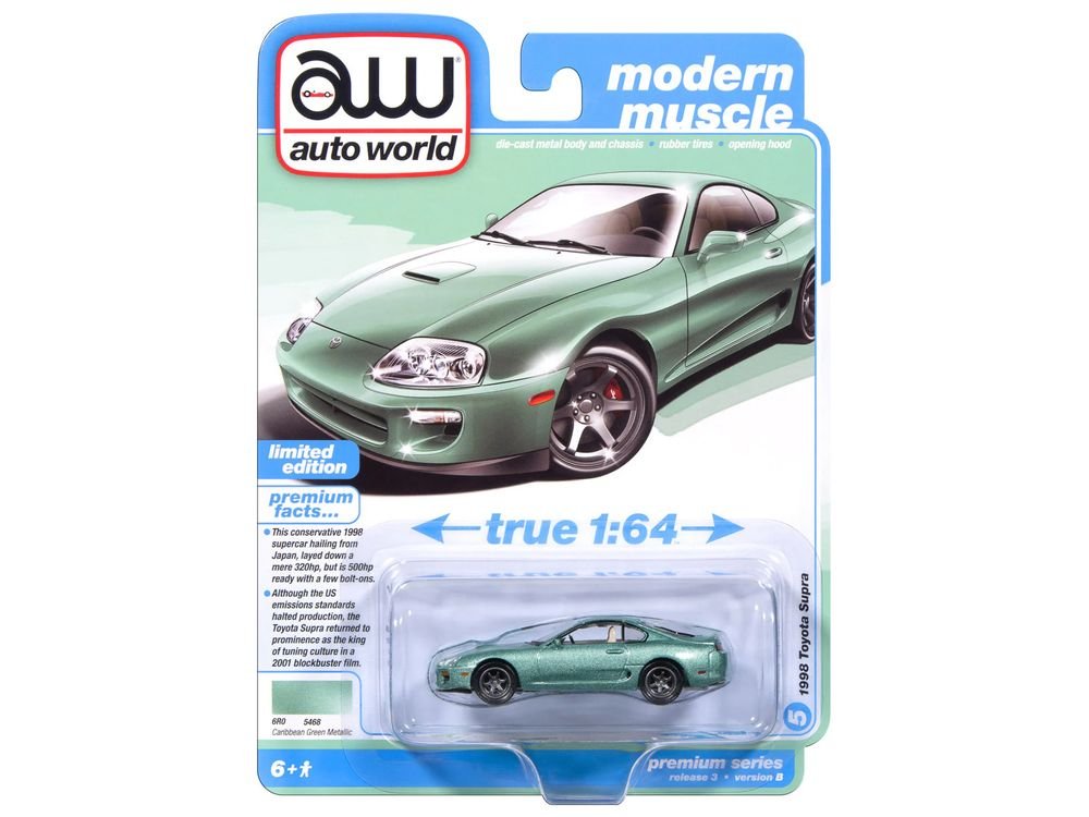 1998 Toyota Supra Caribbean Green Metallic "Modern Muscle" Series 1/64 Diecast Model Car by Auto World view 3