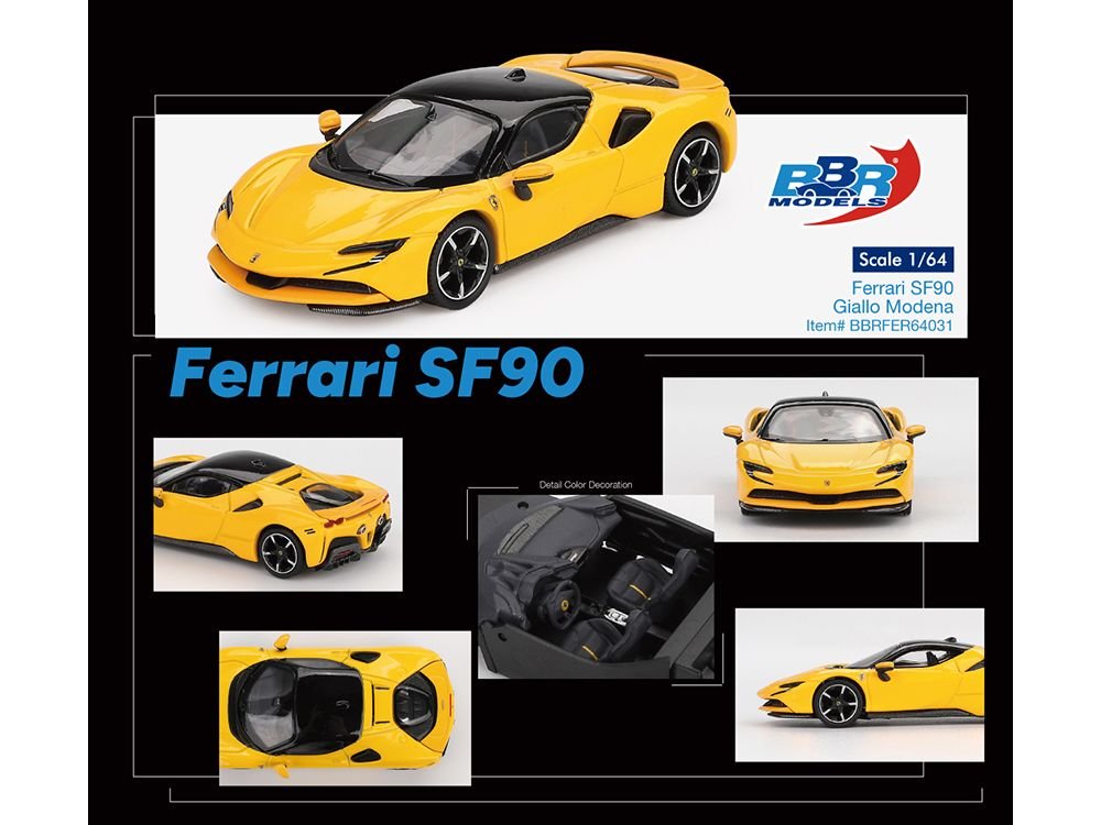 Ferrari SF90 Giallo Modena Yellow with Black Top 1/64 Diecast Model Car by BBR view 4