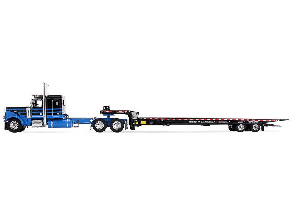 Peterbilt 389 with 48" Flat Top Sleeper and Landoll 440B-50CA Traveling Axle Trailer Black with Blue Stripes 1/64 Diecast Model by DCP/First Gear view 2
