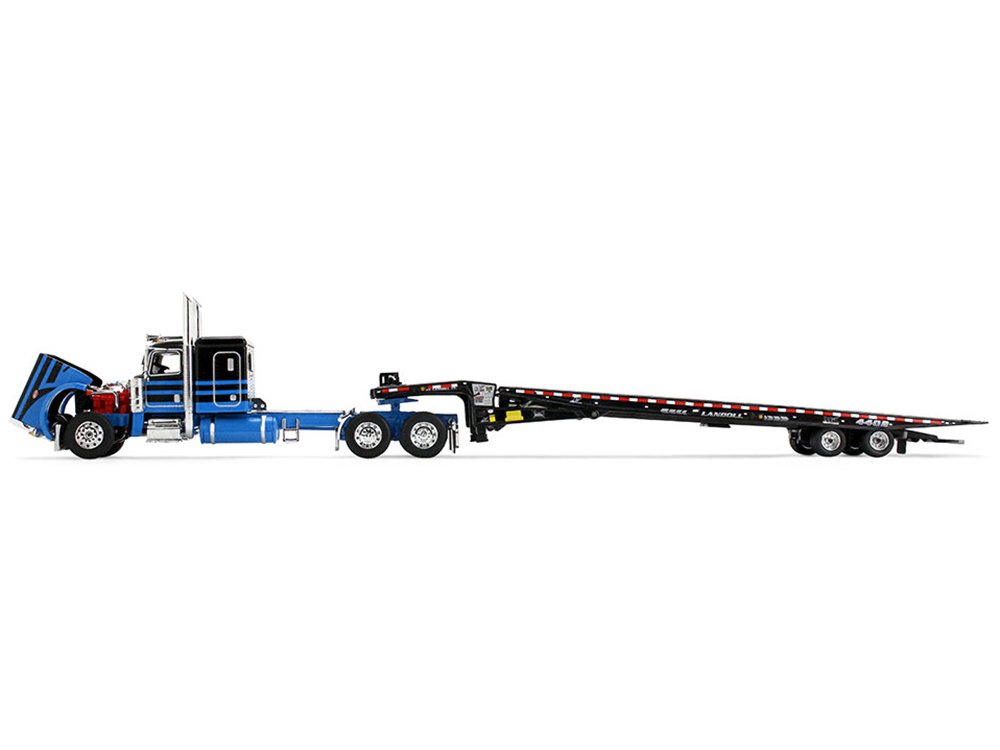 Peterbilt 389 with 48" Flat Top Sleeper and Landoll 440B-50CA Traveling Axle Trailer Black with Blue Stripes 1/64 Diecast Model by DCP/First Gear view 3