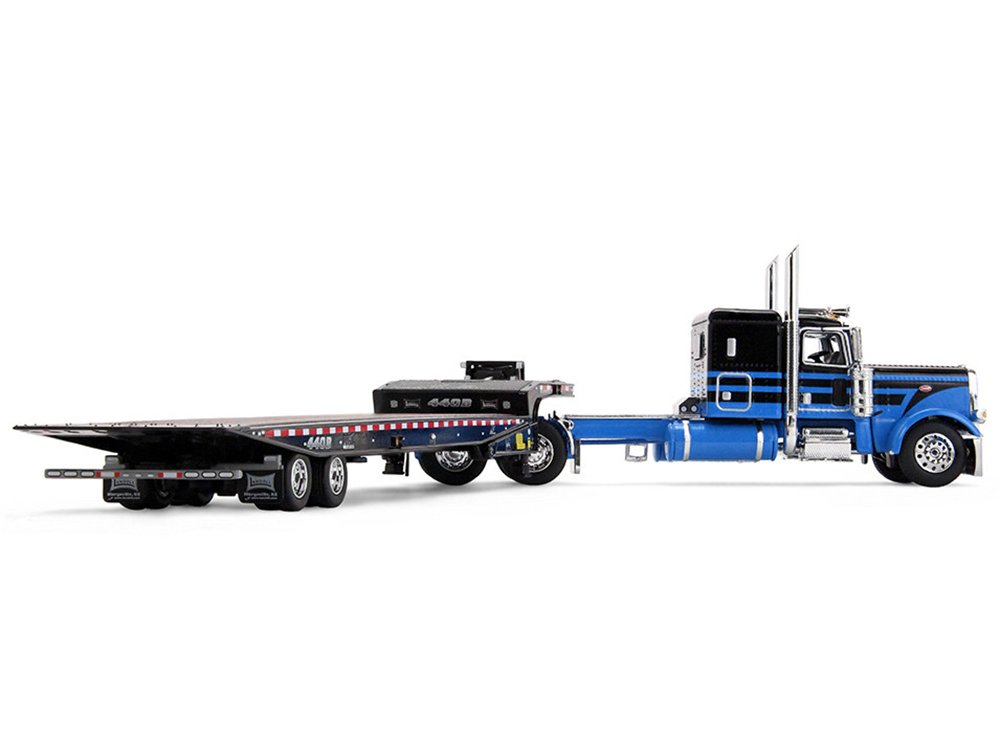 Peterbilt 389 with 48" Flat Top Sleeper and Landoll 440B-50CA Traveling Axle Trailer Black with Blue Stripes 1/64 Diecast Model by DCP/First Gear view 4