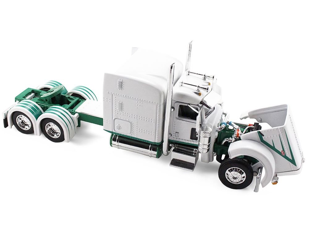 Peterbilt 389 with 63" Mid-Roof Sleeper and 53' Utility Trailer White with Green Stripes 1/64 Diecast Model by DCP/First Gear view 2