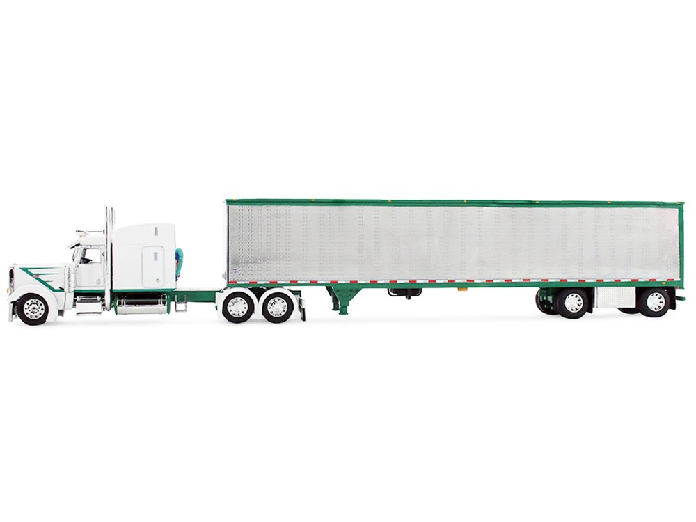Peterbilt 389 with 63" Mid-Roof Sleeper and 53' Utility Trailer White with Green Stripes 1/64 Diecast Model by DCP/First Gear view 3