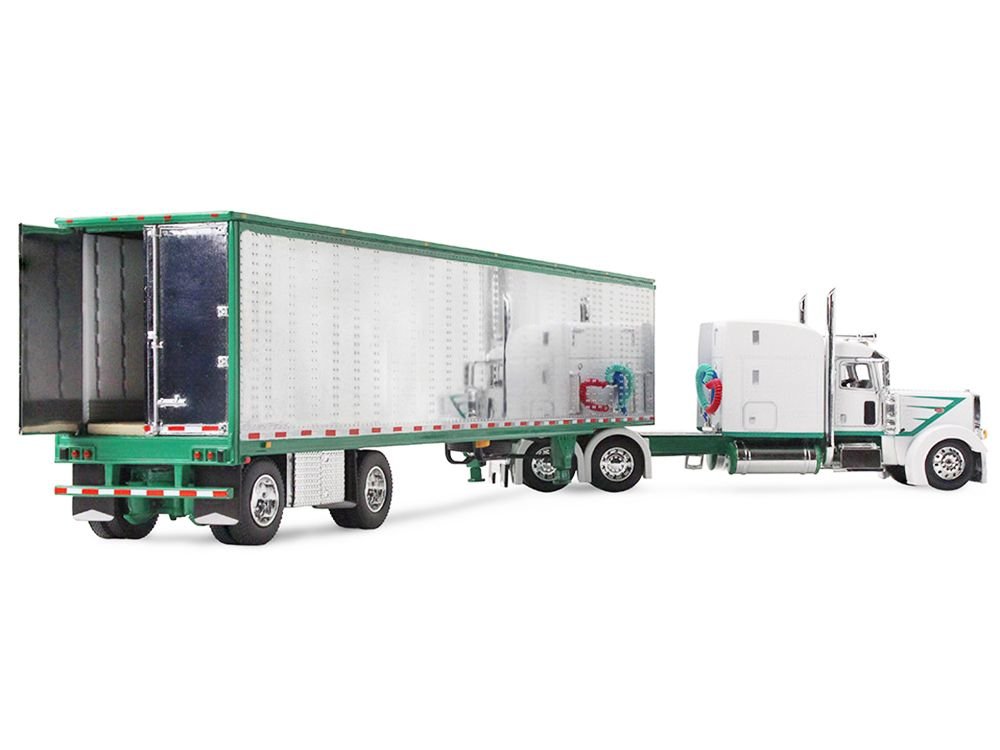 Peterbilt 389 with 63" Mid-Roof Sleeper and 53' Utility Trailer White with Green Stripes 1/64 Diecast Model by DCP/First Gear view 4