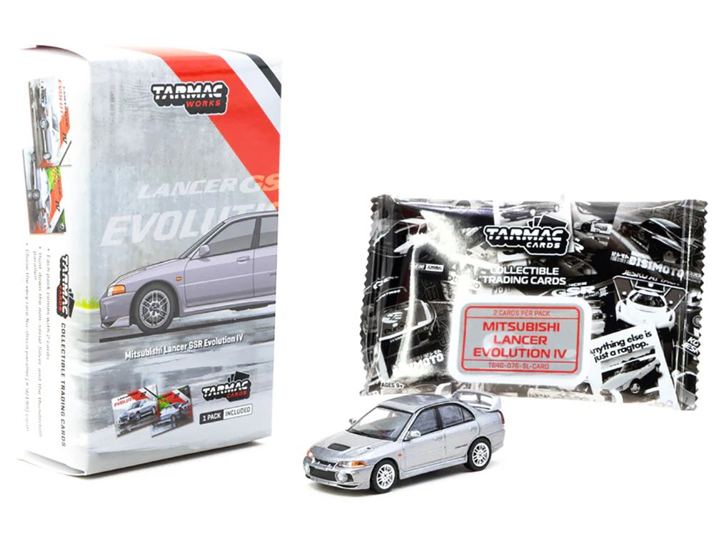 Mitsubishi Lancer Evolution IV Silver Metallic with Tarmac Cards "Global64" Series 1/64 Diecast Model by Tarmac Works view 4