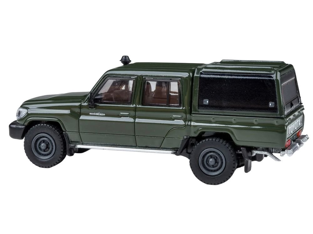 2014 Toyota Land Cruiser LC 79 with Camper Shell Military Green 1/64 Diecast Model Car by Paragon Models view 2