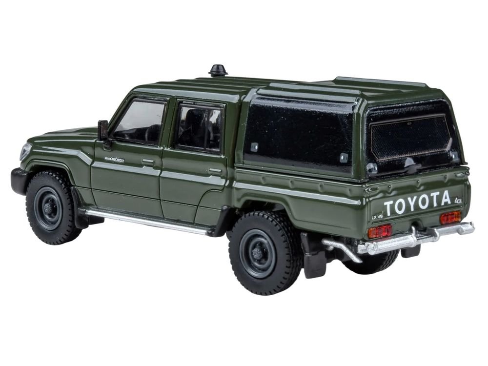 2014 Toyota Land Cruiser LC 79 with Camper Shell Military Green 1/64 Diecast Model Car by Paragon Models view 3